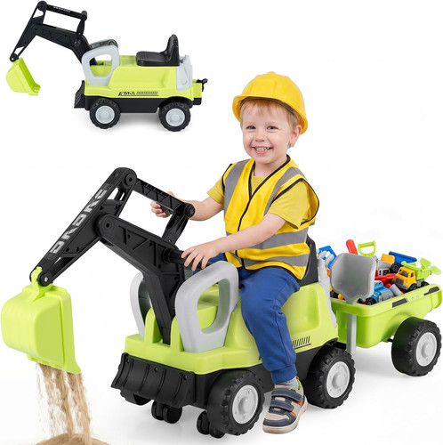 Kids ride excavator in - ride, on